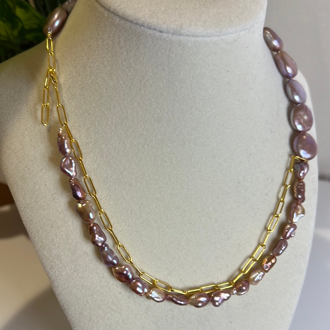 Purple button and keshi Necklace