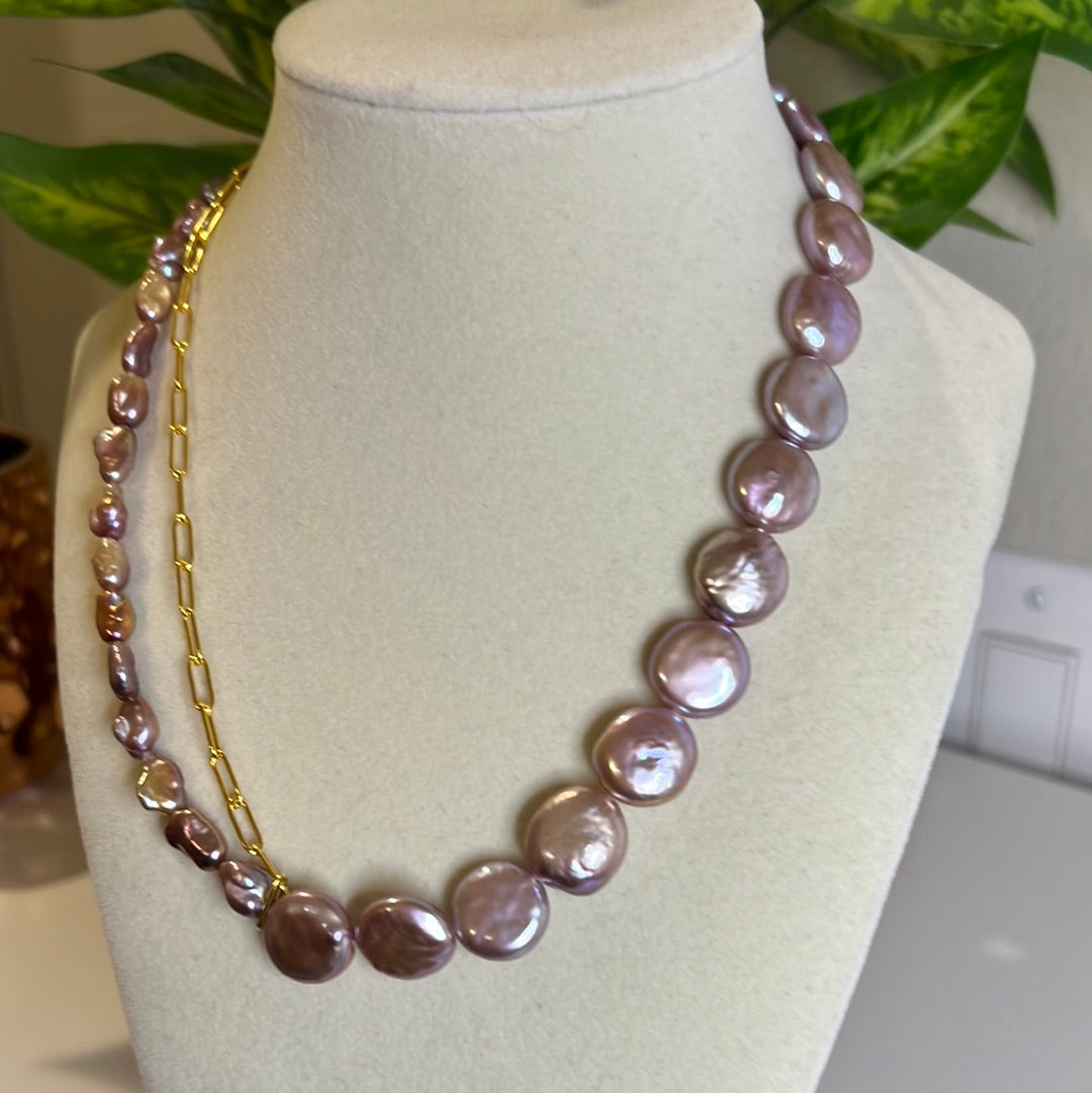 Purple button and keshi Necklace