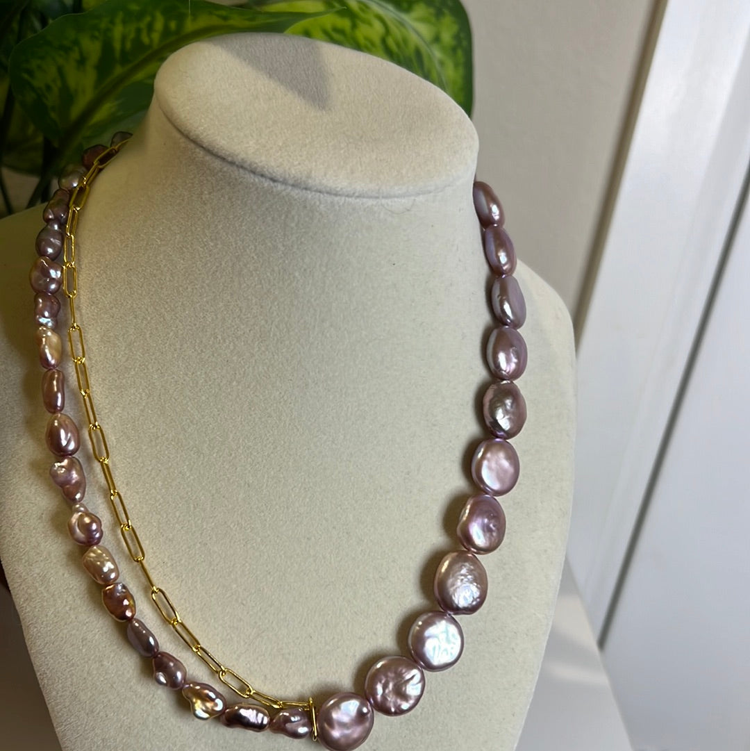Purple button and keshi Necklace