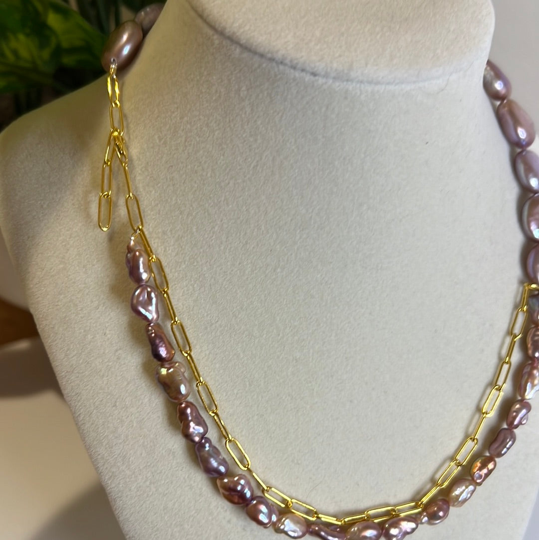 Purple button and keshi Necklace