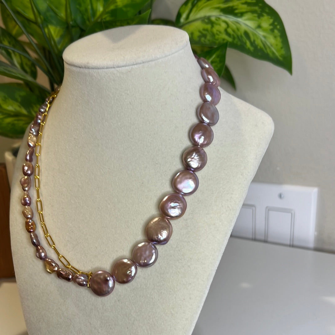 Purple button and keshi Necklace