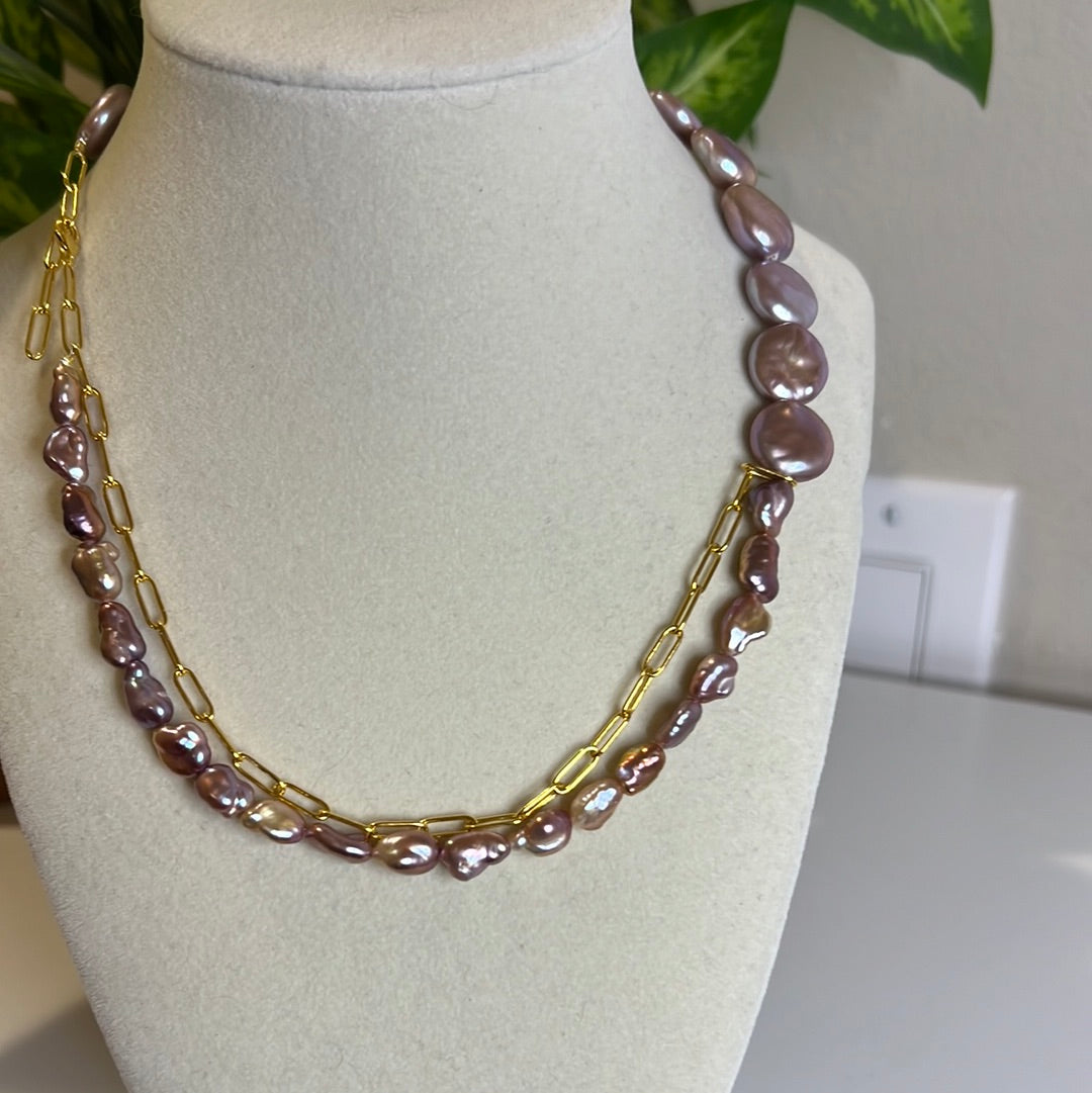 Purple button and keshi Necklace
