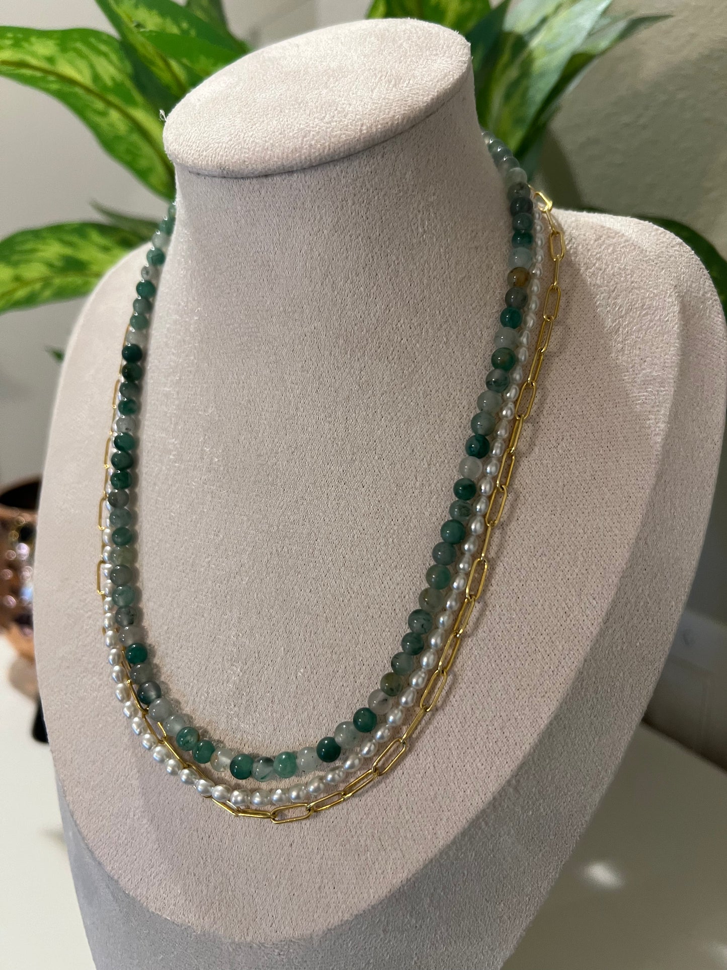 Jade and Pearl mix chain necklace