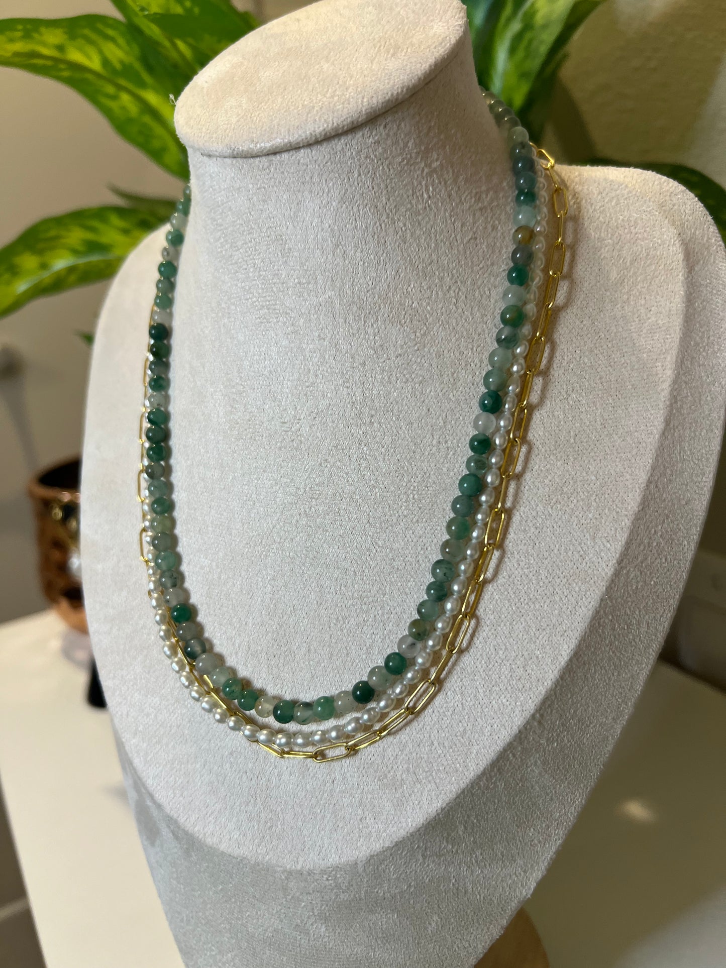 Jade and Pearl mix chain necklace
