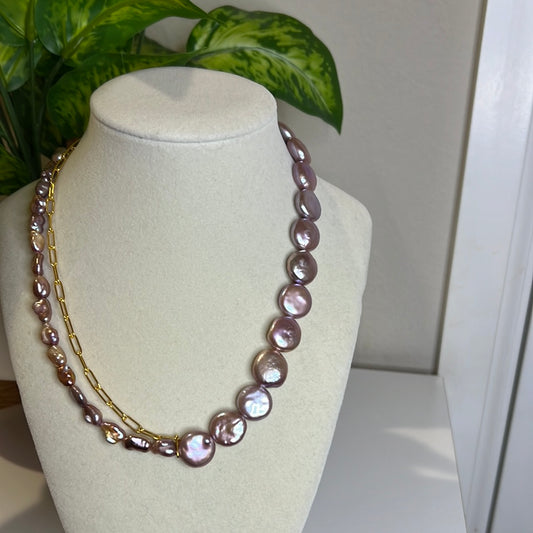 Purple button and keshi Necklace